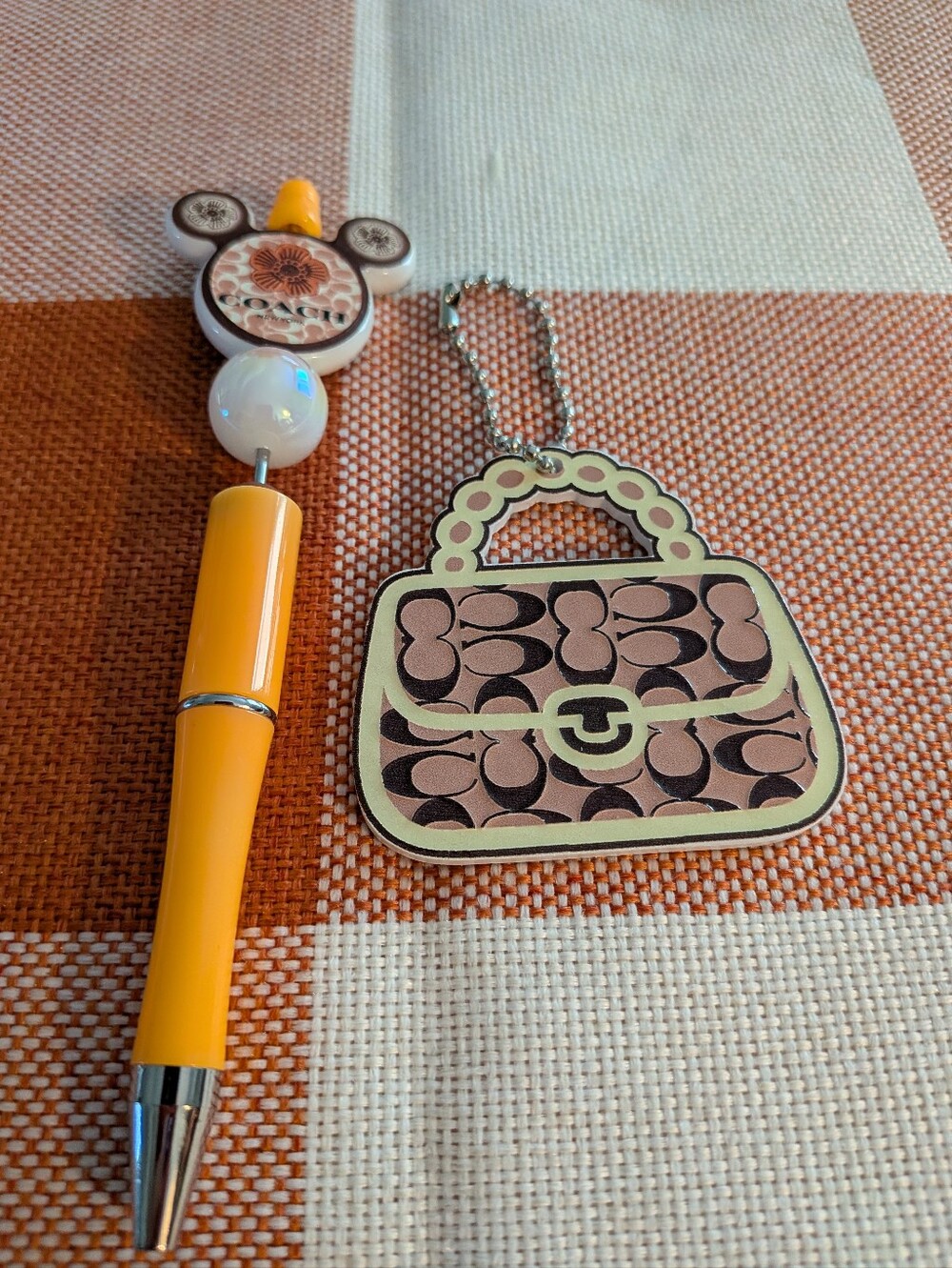 Orange Novelty Beaded Pen and Purse Keychain Set Handmade Black Ink